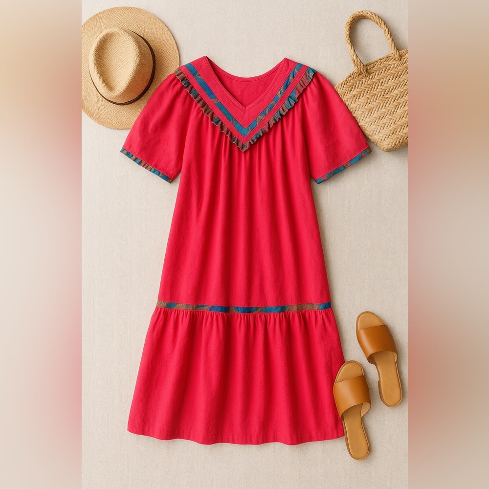 Vintage 90s Hot Pink Cotton House Dress – Made in USA – Size Small